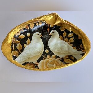 Doves Shell Handcrafted Floral Gold Dish Decoupage